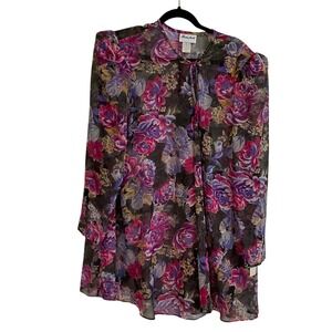 Boston Maid Vintage Floral Tie Neck Blouse Sheer Pink Purple Rose Print USA 18